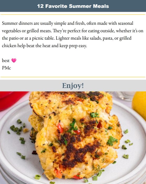 A plate of golden, pan-fried patties garnished with chopped herbs sits in front of a lemon—perfect for sharing recipe ideas in email newsletters, with a small piece of patty visible on the side.