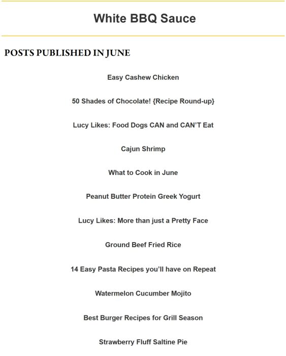 A list of blog post titles published in June under the header "White BBQ Sauce," featuring recipes, food-related topics, and tips for sharing your favorites through email newsletters.