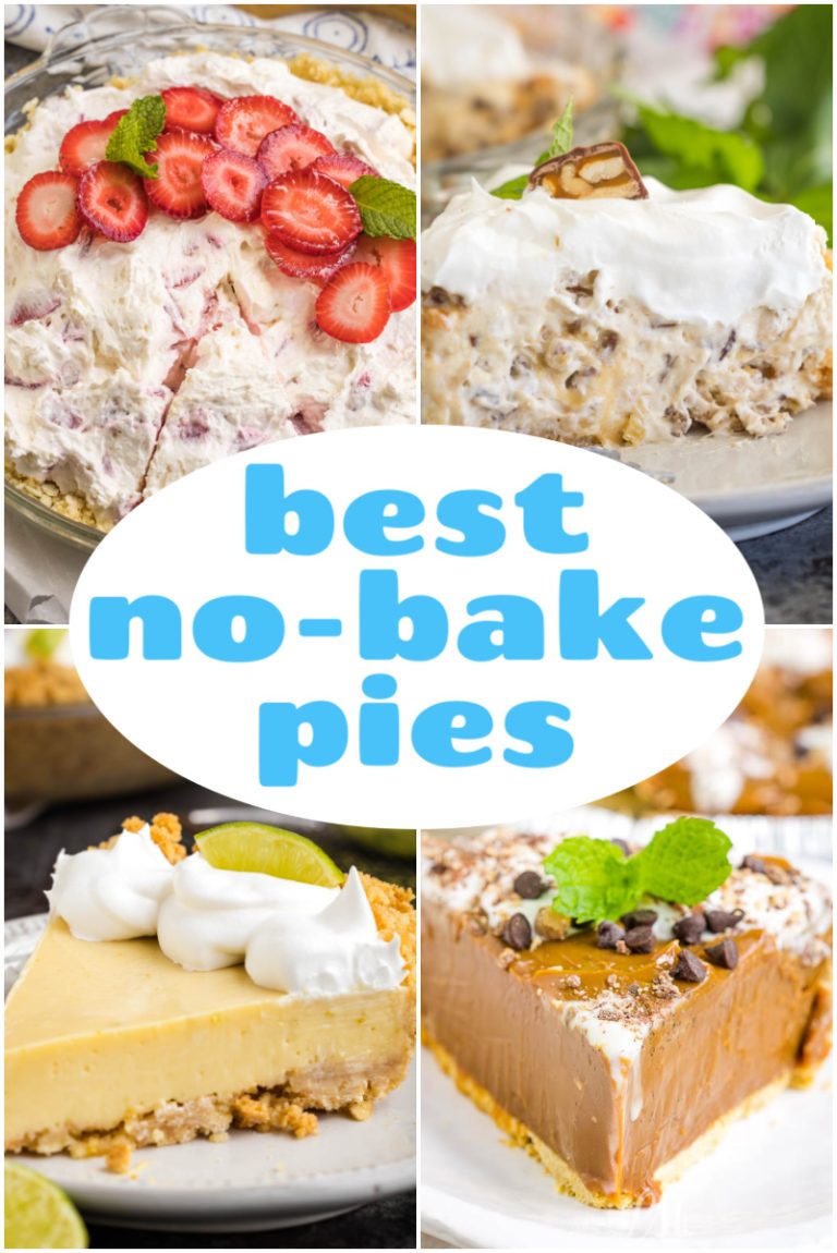 A collage of four delicious No Bake Pies—strawberry, pecan, key lime, and chocolate—with "best no-bake pies" highlighted in the center.