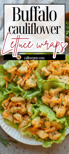 A plate of buffalo cauliflower lettuce wraps with shredded carrots and chopped chives, displayed on a white plate.