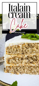 A three-layer slice of Cake Mix Italian Cream Cake with white icing and a mint garnish on a white plate.