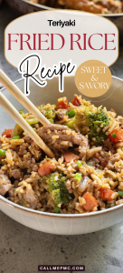 A bowl of teriyaki fried rice with vegetables and meat, garnished with chopsticks. Text: "Teriyaki Fried Rice Recipe, Sweet & Savory.