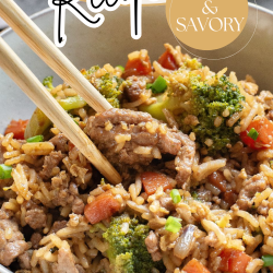 A bowl of teriyaki fried rice with vegetables and meat, garnished with chopsticks. Text: "Teriyaki Fried Rice Recipe, Sweet & Savory.