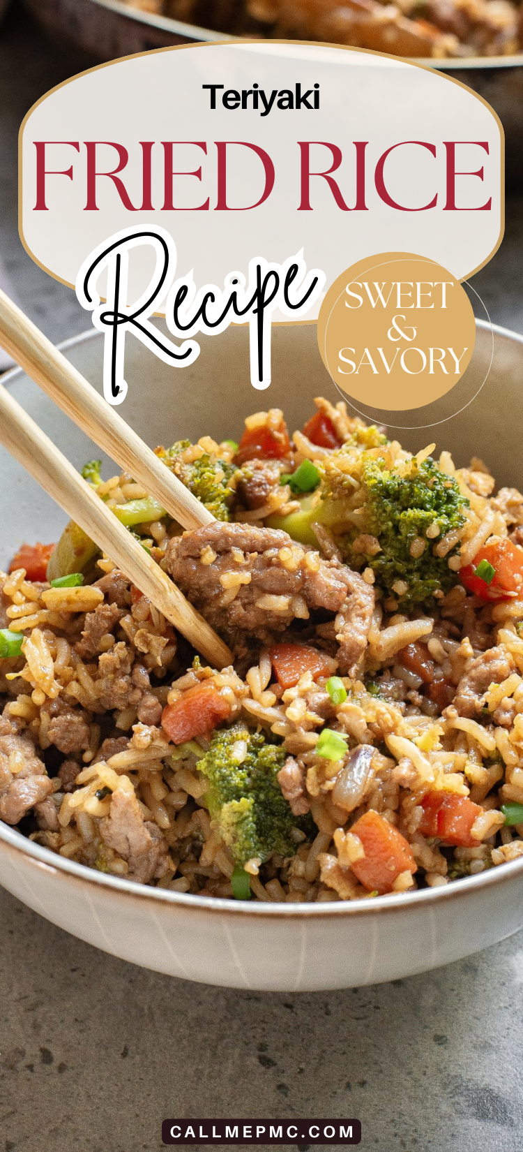 A bowl of teriyaki fried rice with vegetables and meat, garnished with chopsticks. Text: "Teriyaki Fried Rice Recipe, Sweet & Savory.