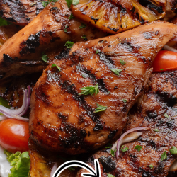 Teriyaki pineapple grilled chicken arranged on a platter with lettuce and cherry tomatoes, topped with herbs. Text overlay reads "Teriyaki Pineapple Grilled Chicken, quick & easy." Perfect for a flavorful weeknight meal.