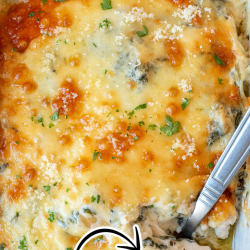 Baked spinach artichoke chicken casserole with a golden, cheesy top, partially served with a spoon. Text overlays read "spinach artichoke chicken, cheesy & flavorful.