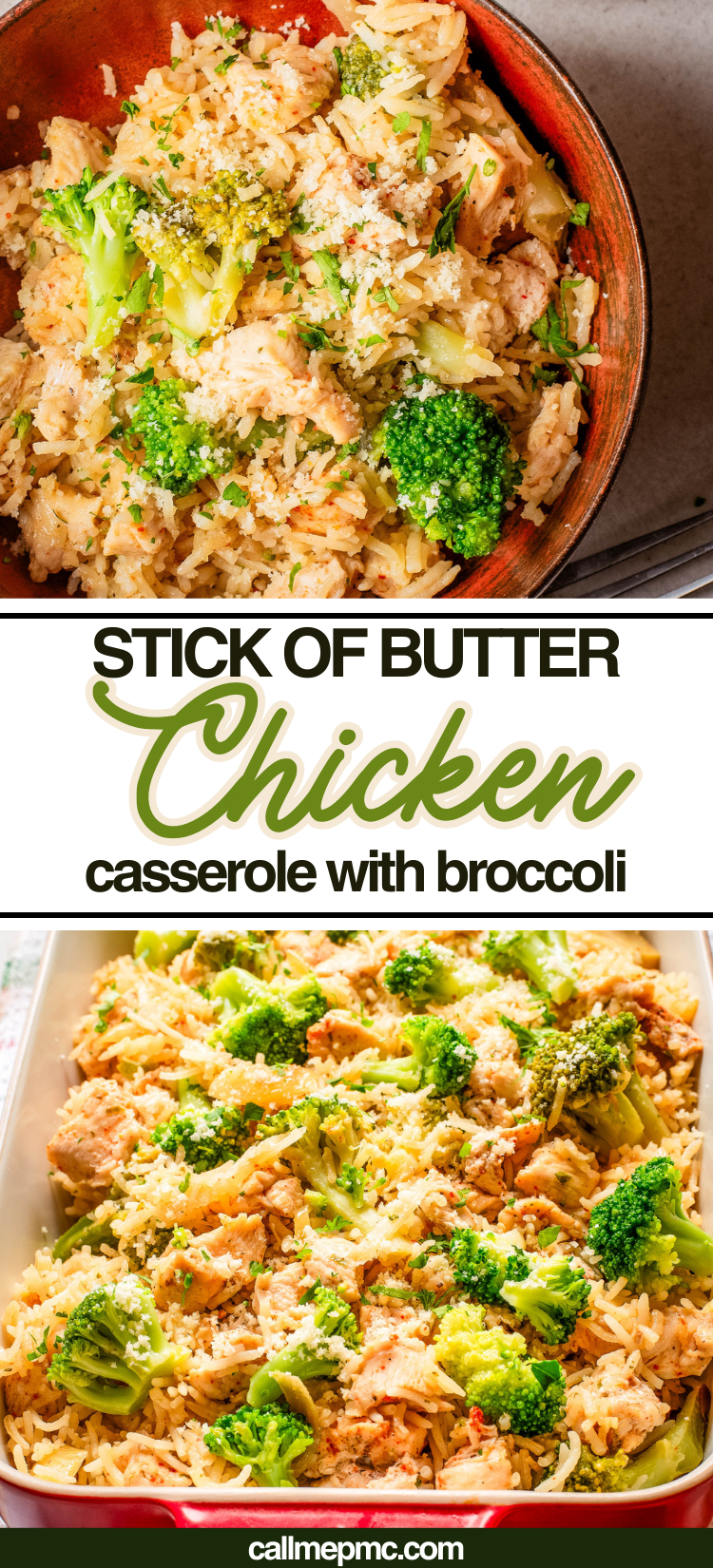 A bowl and a casserole dish filled with chicken, rice, broccoli, and a breadcrumb topping. Text overlay reads, "Stick of Butter Chicken Casserole with broccoli." Perfect for an easy Stick of Butter Chicken Casserole dinner.