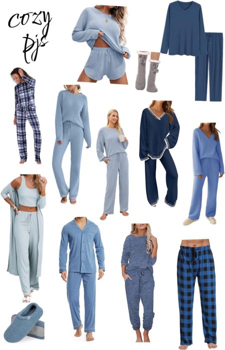 A collage of various cozy pajamas in shades of blue, featuring both men's and women's sets, robes, slippers, socks, and different patterns and styles.