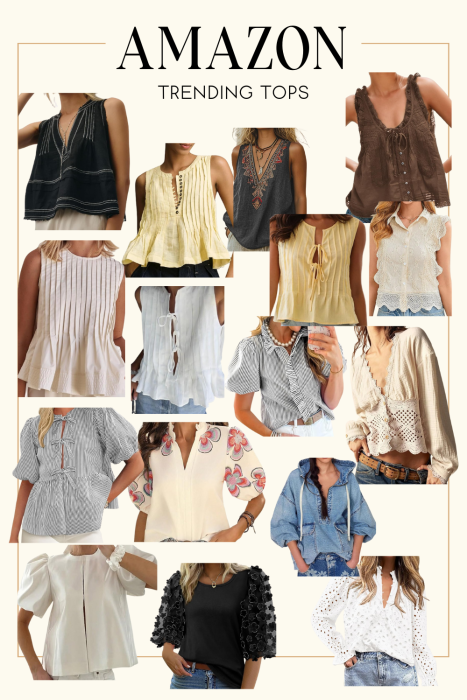 A collage of various women’s tops in different styles, colors, and fabrics, displayed under the heading “Amazon Trending Tops.”.