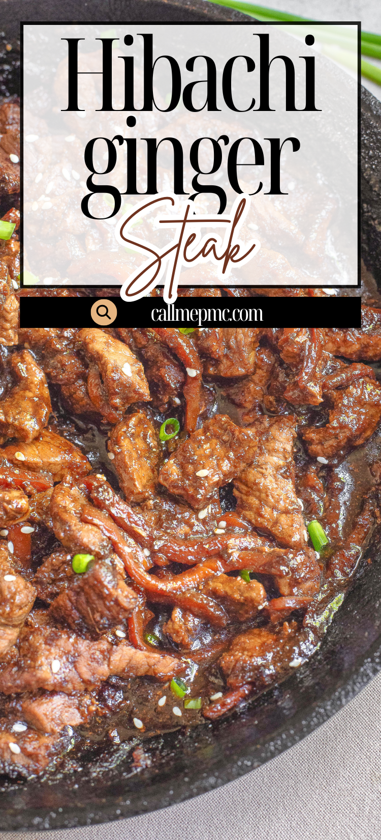 Cooked slices of hibachi ginger steak in a cast iron skillet, garnished with chopped green onions.