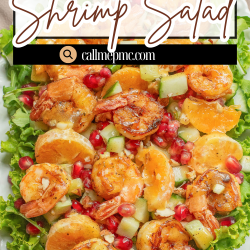 A platter of mandarin Cajun shrimp salad on leafy greens, topped with shrimp, mandarin orange segments, pomegranate seeds, and diced vegetables.