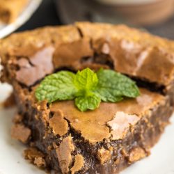 A piece of brown cake with a leaf on top.
