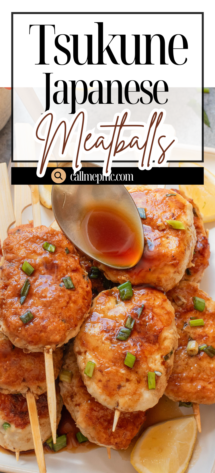 A plate of Tsukune Japanese Meatballs on skewers, garnished with chopped green onions, served with lemon wedges and a spoonful of savory sauce.