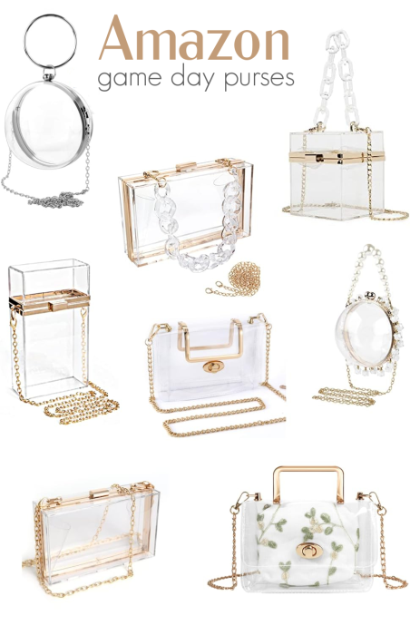 A collage of nine clear handbags with gold or acrylic chains and frames, labeled “Amazon game day purses.”.