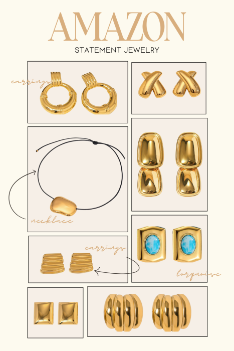 A collection of gold statement jewelry, including hoop and stud earrings, a pendant necklace, and earrings with turquoise accents, displayed in a grid layout.
