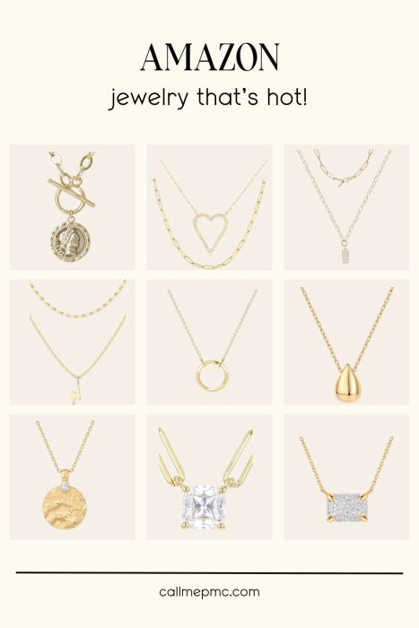 A grid of nine gold necklaces with various pendants, such as coins, hearts, geometric shapes, and a lightning bolt, displayed on a white background. Text reads "AMAZON jewelry that's hot!.