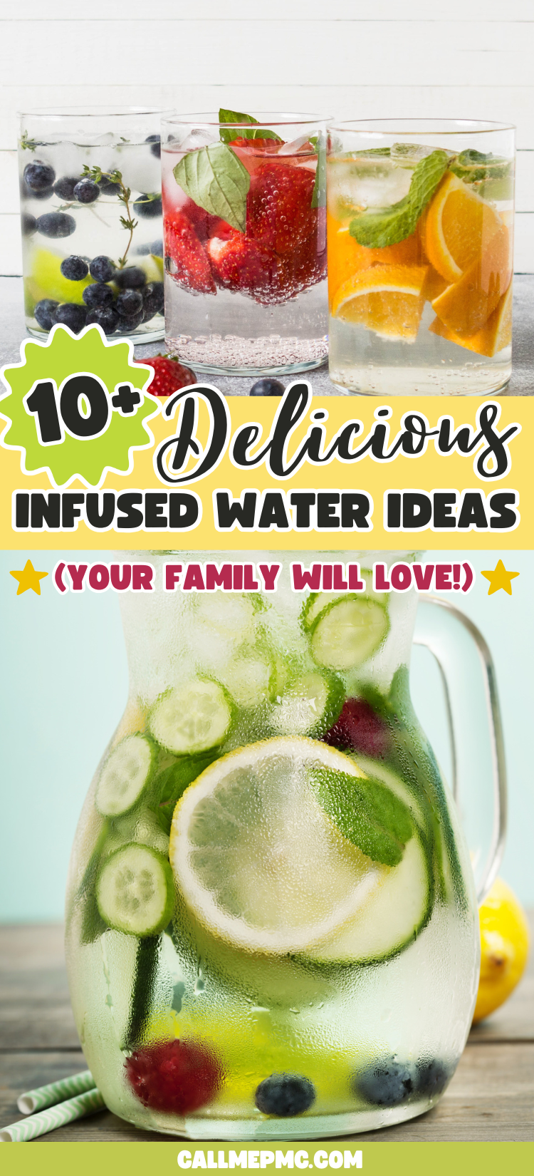 Three glasses and a pitcher of fruit infused water with various fruits and herbs, including berries, lemon, cucumber, orange, and mint, are displayed on a wooden surface.