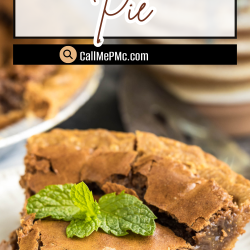A slice of rich Nutella Chess Pie topped with fresh mint leaves is served on a white plate, with another tempting piece of Nutella Chess Pie in the background.