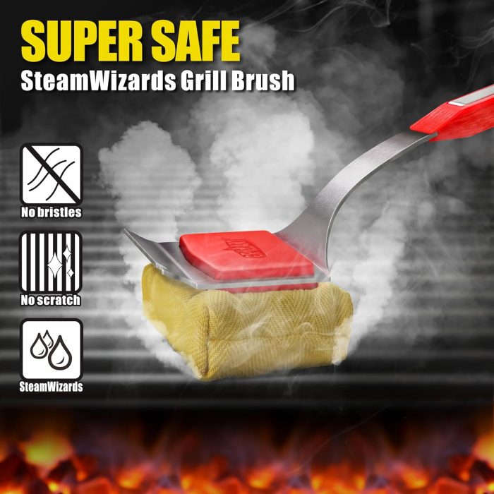 A grill brush with a red handle and yellow pad cleans a grill, featuring text that highlights it as super safe, with no bristles, no scratch, and steam cleaning—perfect for outdoor cooking gifts.
