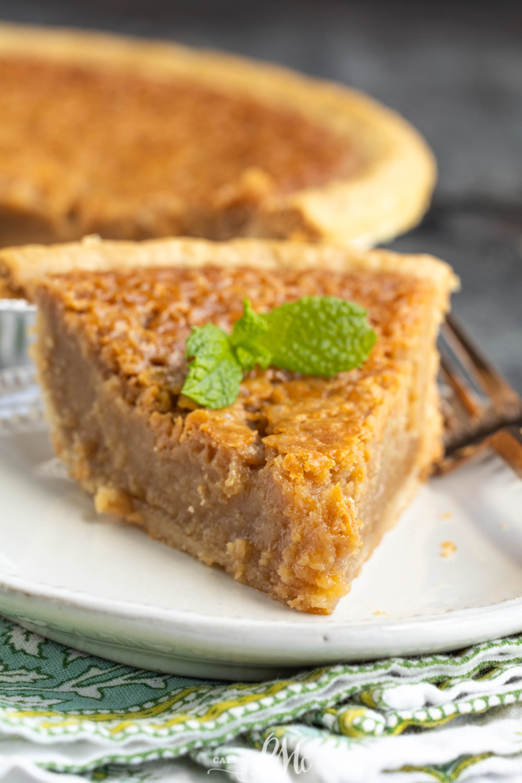 A slice of brown custard pie topped with a mint leaf sits on a white plate, with the rest of the pie visible in the background.