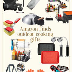 A collage of various outdoor cooking gifts and accessories, including gloves, grill baskets, utensils, spice racks, a digital thermometer, storage bags, and seasoning bottles. Text reads: "Amazon finds outdoor cooking gifts.