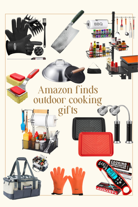 A collage of various outdoor cooking gifts and accessories, including gloves, grill baskets, utensils, spice racks, a digital thermometer, storage bags, and seasoning bottles. Text reads: "Amazon finds outdoor cooking gifts.