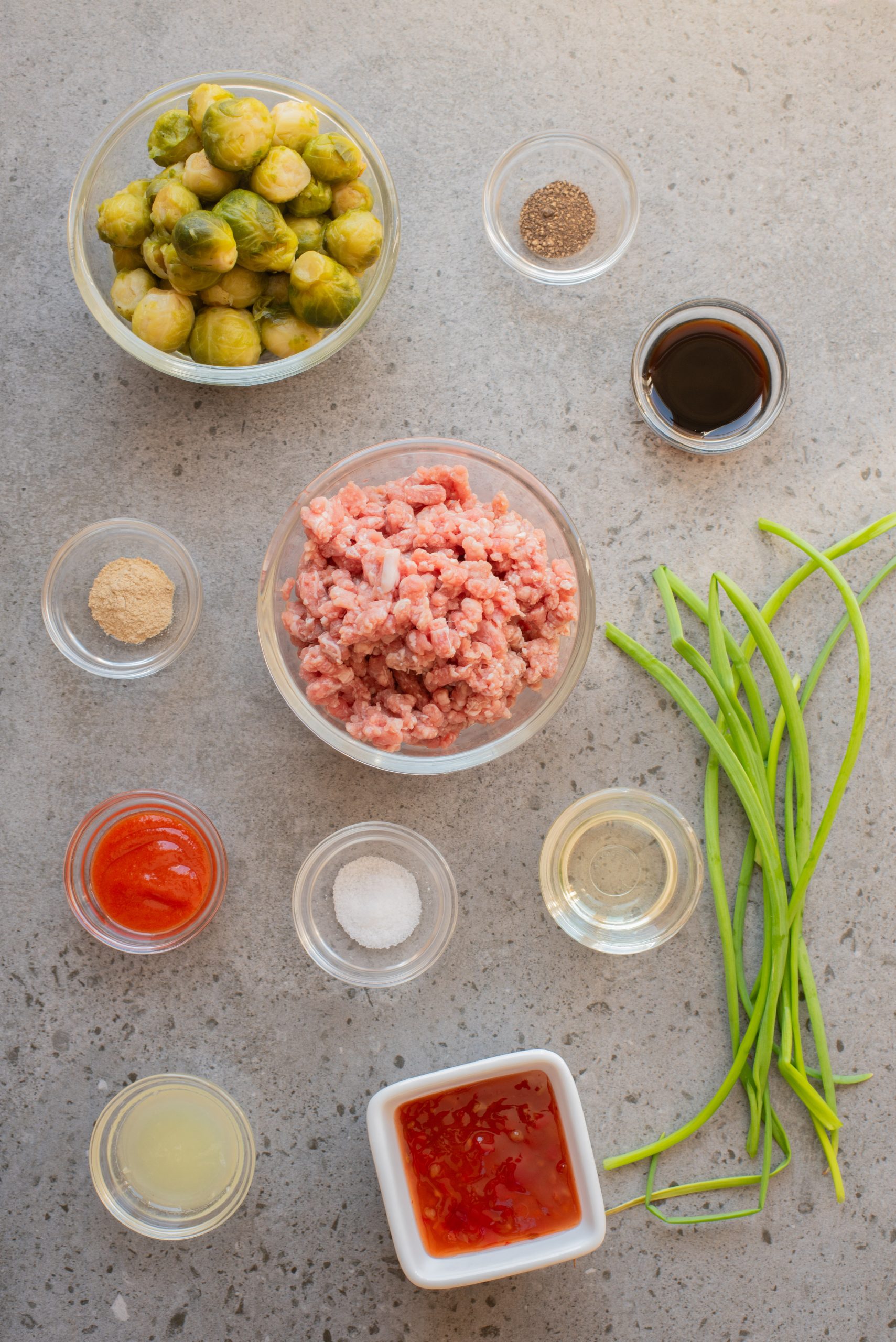 Ingredients for a recipe laid out on a gray surface, including ground meat, Brussels sprouts, green beans, sauces, seasonings, and various liquids in small bowls.
