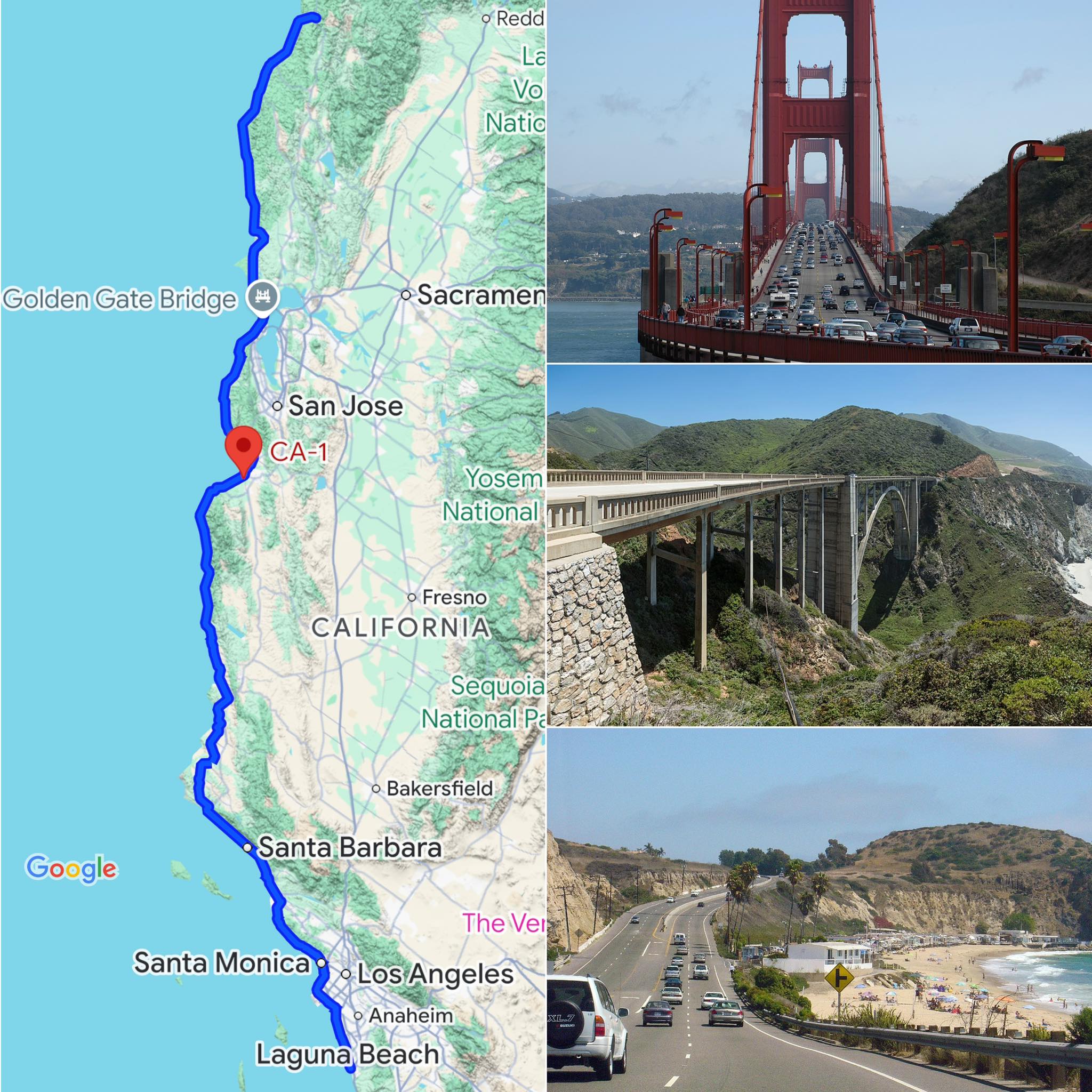 Map of California’s Pacific Coast Highway route on the left, with photos of Golden Gate Bridge, Bixby Creek Bridge, and a coastal highway at right—highlighting one of the best U.S. road trips.