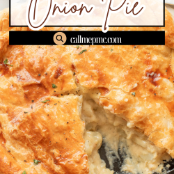 A golden-brown Potato Cheese Onion Pot Pie in a skillet, with a slice removed to reveal the creamy, cheesy filling inside.