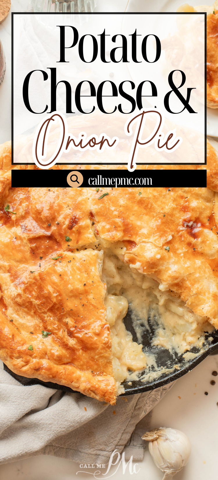 A golden-brown Potato Cheese Onion Pot Pie in a skillet, with a slice removed to reveal the creamy, cheesy filling inside.