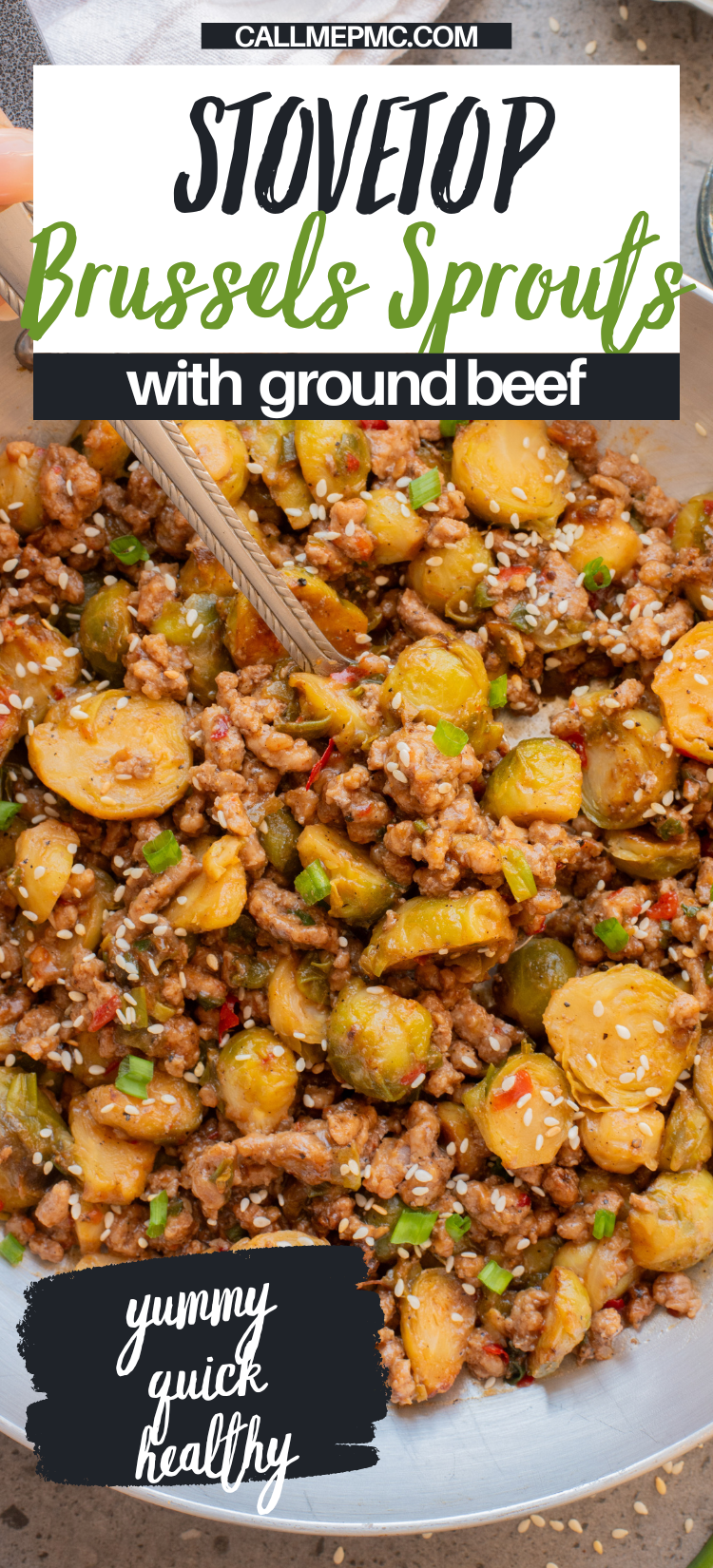 A pan of Stovetop Ground Beef and Brussels Sprouts, garnished with sesame seeds and green onions, with a spoon resting in the dish.