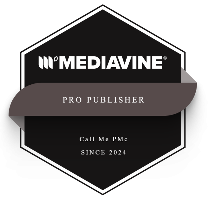 Hexagonal black and white Mediavine Pro Publisher badge with the text “Call Me PMc” and “Since 2024.”.