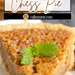 A slice of cookie butter chess pie garnished with a mint leaf on a white plate, with text overlay reading "Cookie butter Chess Pie.
