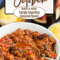 A bowl of chili with beans and ground meat, served with cornbread muffins, is perfect to cook in September—enjoy quick and easy October recipes featuring family favorites and seasonal flavors.
