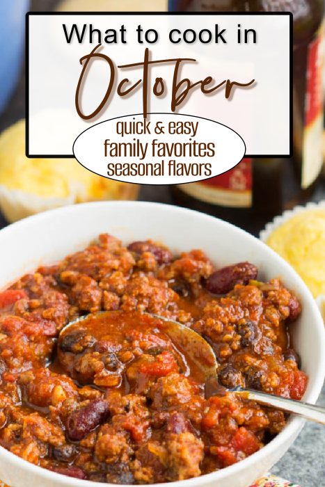 A bowl of chili with beans and ground meat, served with cornbread muffins, is perfect to cook in September—enjoy quick and easy October recipes featuring family favorites and seasonal flavors.