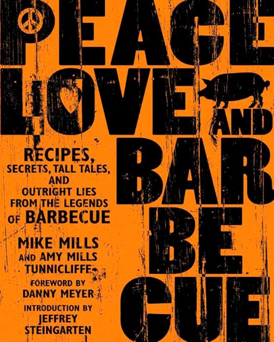 Book cover with bold black text on an orange background reading “Peace, Love, and Barbecue,” with details about the authors—perfect for fans of outdoor cooking gifts.
