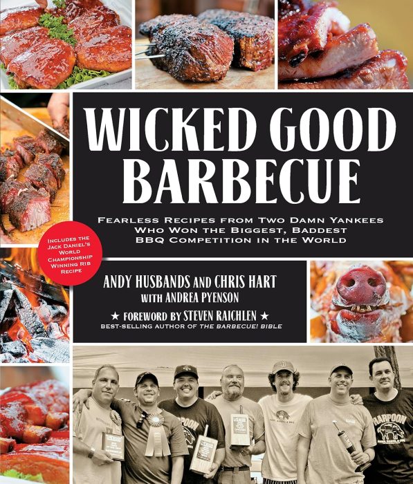 Cover of the book "Wicked Good Barbecue" featuring various BBQ dishes and a group photo of chefs holding awards, with text highlighting award-winning recipes—perfect for fans looking for unique outdoor cooking gifts.