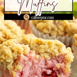 A close-up of a cherry muffin with crumb topping, part of a batch, with one muffin partially eaten to show the inside. Text overlay reads: "Cake Mix Cherry Muffins.