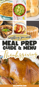 Collage of Thanksgiving foods including stuffing, salad, dinner rolls, pie, pancakes, cake, and roast turkey, with text reading "Thanksgiving Dinner Menu and Recipes: Meal Prep Guide & Menu Thanksgiving.