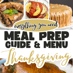 Collage of Thanksgiving foods including stuffing, salad, dinner rolls, pie, pancakes, cake, and roast turkey, with text reading "Thanksgiving Dinner Menu and Recipes: Meal Prep Guide & Menu Thanksgiving.