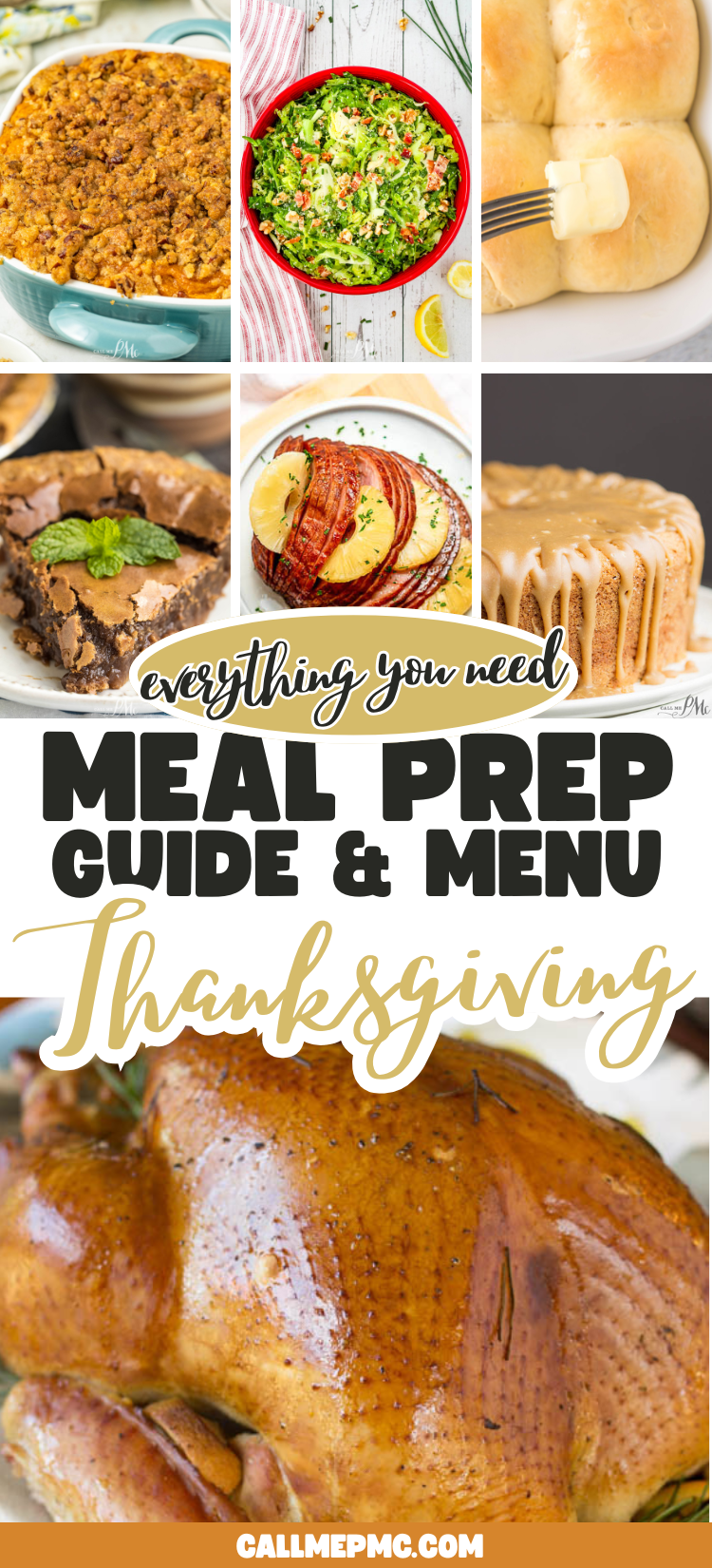 Collage of Thanksgiving foods including stuffing, salad, dinner rolls, pie, pancakes, cake, and roast turkey, with text reading "Thanksgiving Dinner Menu and Recipes: Meal Prep Guide & Menu Thanksgiving.