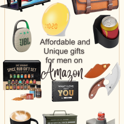 Collage of various gifts for men including a gaming monitor, duffel bag, wireless speaker, spice rub set, coffee cup, whiskey set, alarm clock, wallet, knife, and can holder. Text reads: "Affordable and Unique gifts for men on Amazon.