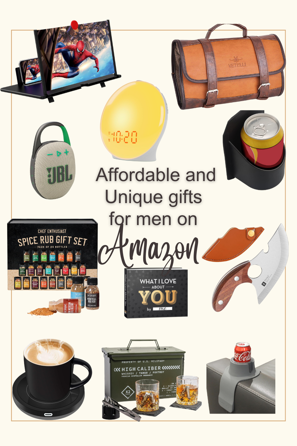 Collage of various gifts for men including a gaming monitor, duffel bag, wireless speaker, spice rub set, coffee cup, whiskey set, alarm clock, wallet, knife, and can holder. Text reads: "Affordable and Unique gifts for men on Amazon.