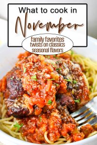 A bowl of spaghetti topped with braised beef and chunky tomato sauce; text reads “Cook in October: family favorites, twists on classics, and seasonal flavors.”.