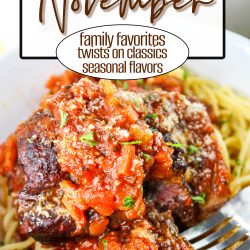 A bowl of spaghetti topped with braised beef and chunky tomato sauce; text reads โCook in October: family favorites, twists on classics, and seasonal flavors.โ.