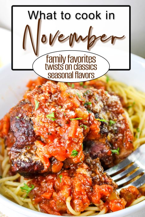 A bowl of spaghetti topped with braised beef and chunky tomato sauce; text reads “Cook in October: family favorites, twists on classics, and seasonal flavors.”.