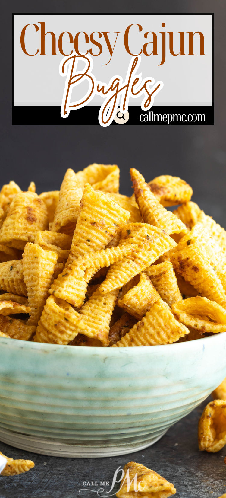 A bowl brimming with Cheesy Cajun Bugles snack chips sits beneath a sign that reads "Cheesy Cajun Bugles callmepmc.com.