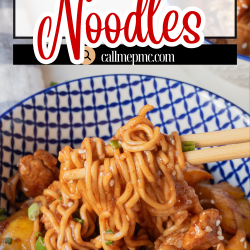 A bowl of Chicken Dragon Noodles with chopsticks, garnished with green onions and sesame seeds, is served on a patterned dish.