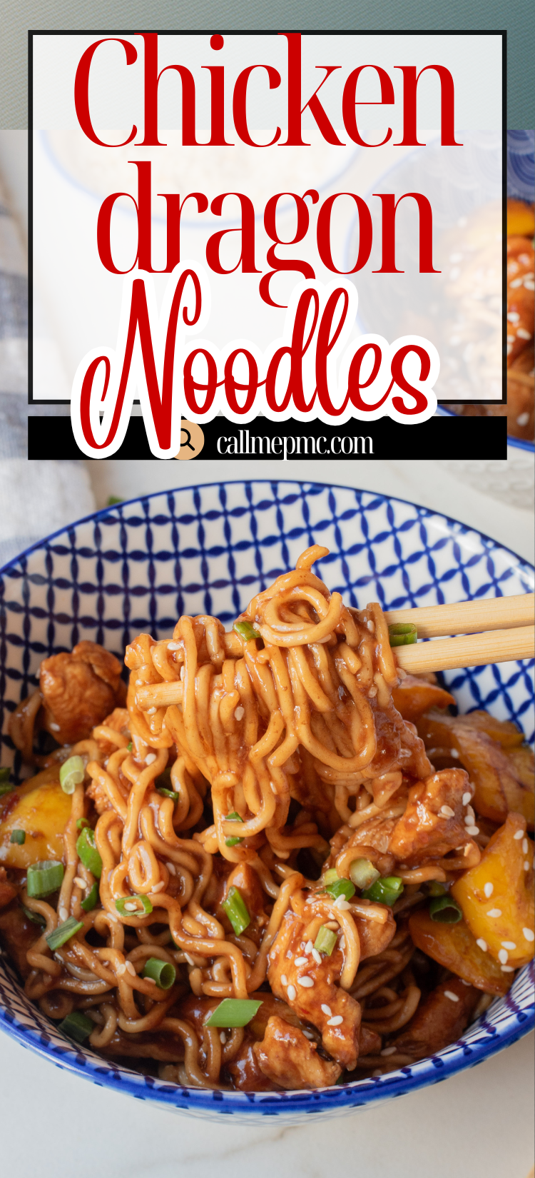 A bowl of Chicken Dragon Noodles with chopsticks, garnished with green onions and sesame seeds, is served on a patterned dish.