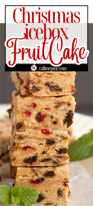 A stack of sliced Christmas Icebox Fruitcake bars with visible red and dark fruit pieces, garnished with fresh mint leaves.